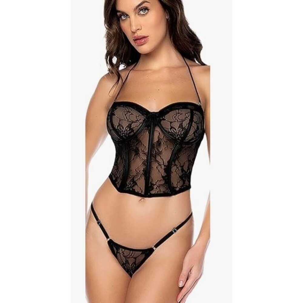 Mapale Women's Bustier Lingerie Two Piece Black Lace Thong Lace Back Large